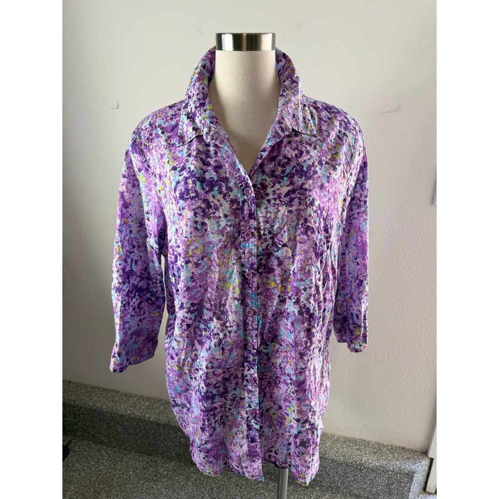 Coldwater Creek Womens Plus 2X No Iron Purple Floral Cotton Button Up Shirt
